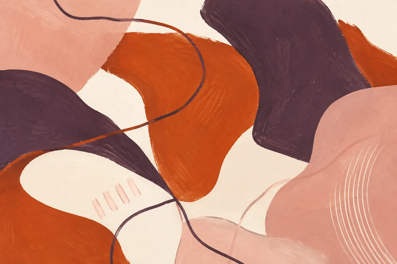 Textured organic shapes and flowing lines in aubergine, rose and rusty orange