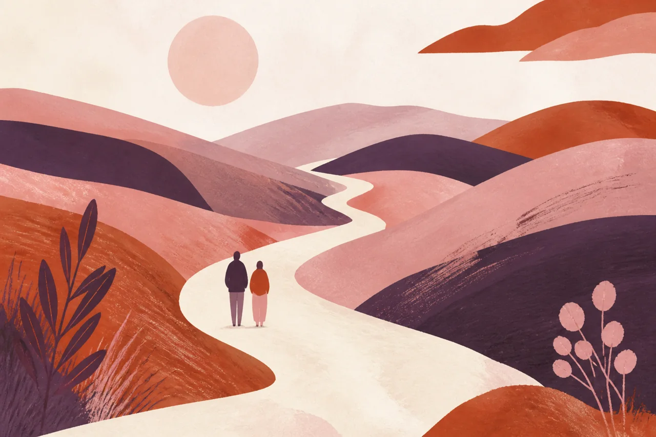 Two companions on a winding path through softly painted hills