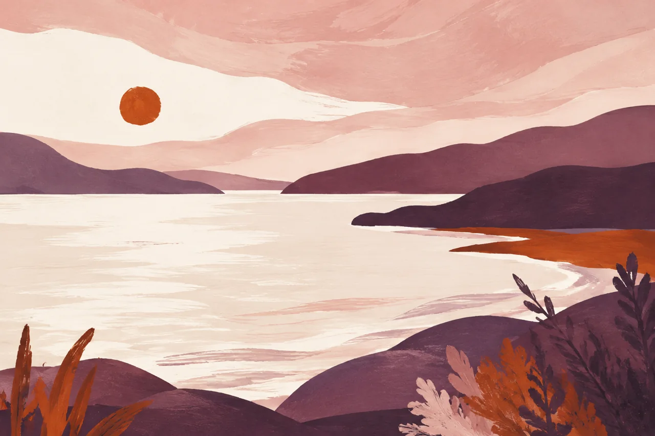Painterly landscape of calm water and rolling hills in plum, rose and rust